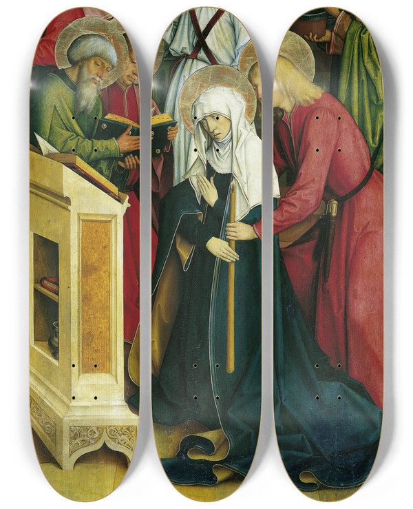 Triptych art skateboard deck of Master Of The Pfullendorf Altar The Death Of The Virgin by Master Of The Pfullendorf Altar