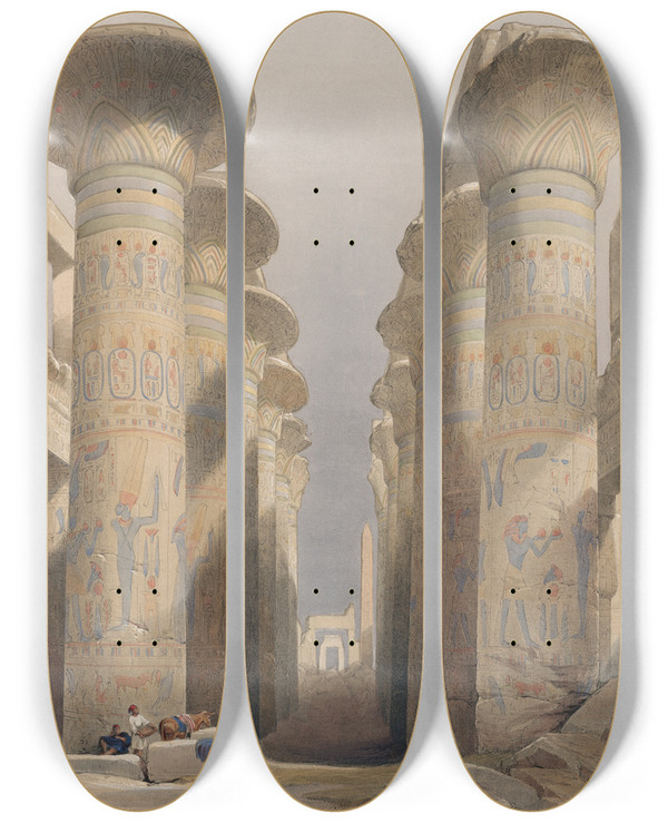Triptych art skateboard deck of David Roberts Thebes Great Hall At Karnak Nov 28 1838 by David Roberts (1796-1864)