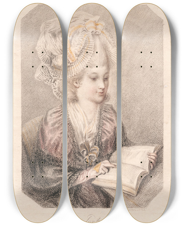 Triptych art skateboard deck of Elias Martin A Portrait Young Woman Reading A Book by Elias Martin (1739-1818)