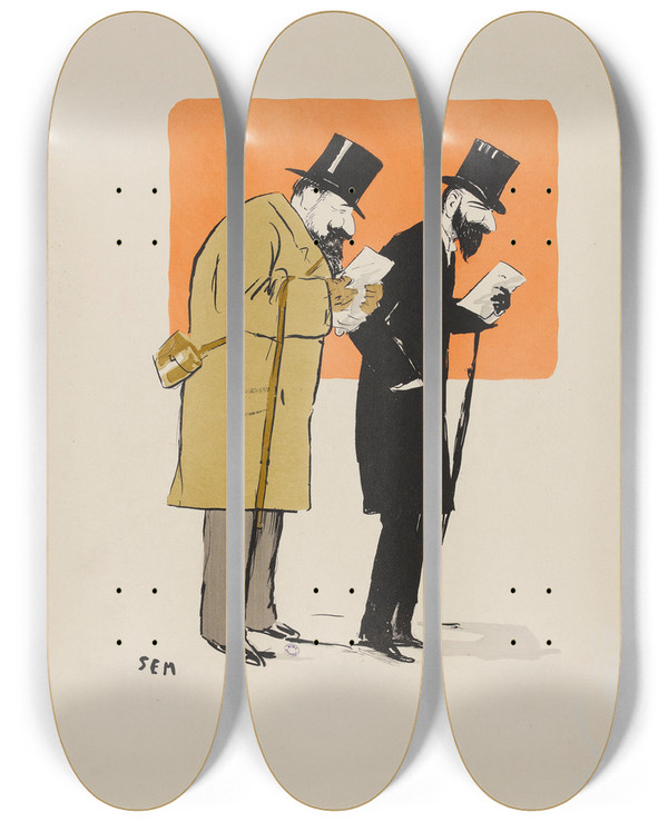 Triptych art skateboard deck of Georges Goursat Sem Gaston Dreyfus Et Baron David Leonino by Georges Goursat (Sem) (1863-1934)
