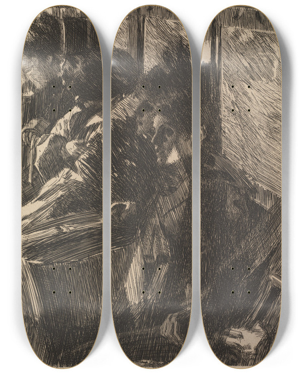 Triptych art skateboard deck of Anders Zorn Omnibus by Anders Zorn (1860-1920)