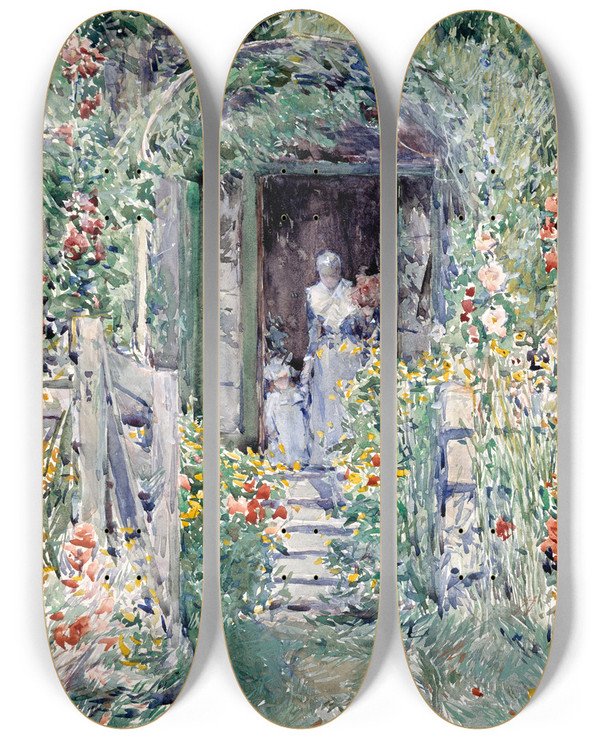 Triptych art skateboard deck of Childe Hassam The Garden In Its Glory by Childe Hassam (1859-1935)