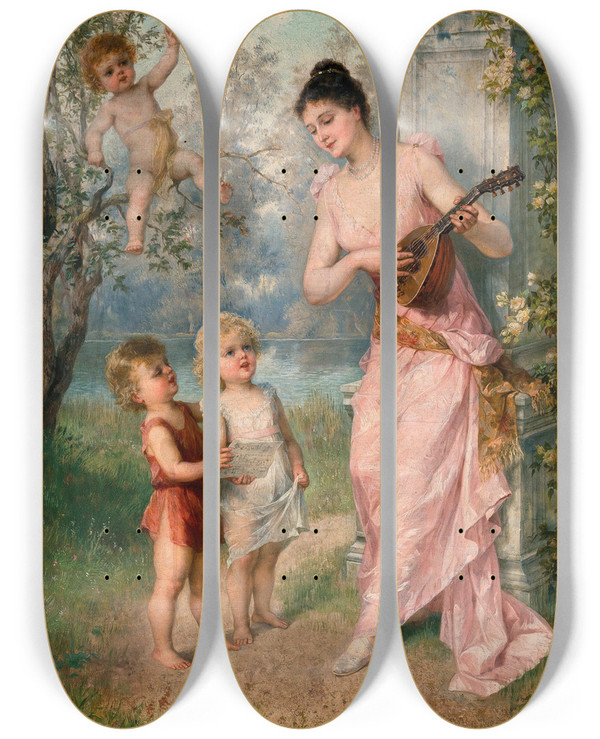 Triptych art skateboard deck of Franz Lefler Sounds Of Spring by Franz Lefler (1831-1898)