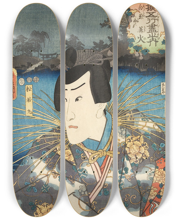 Triptych art skateboard deck of Utagawa Kunisada The Actor Ichikawa Danjuro Viii by Utagawa Kunisada Ii