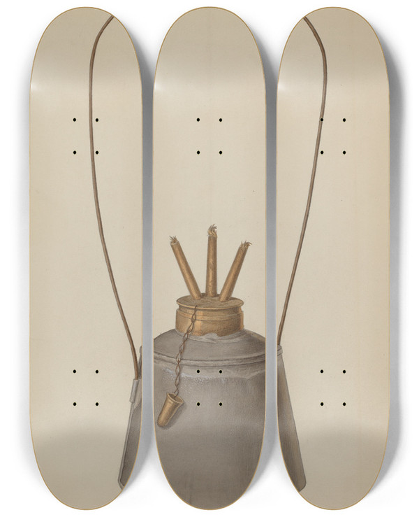 Triptych art skateboard deck of Jacob Gielens Camphene Lamp by Jacob Gielens