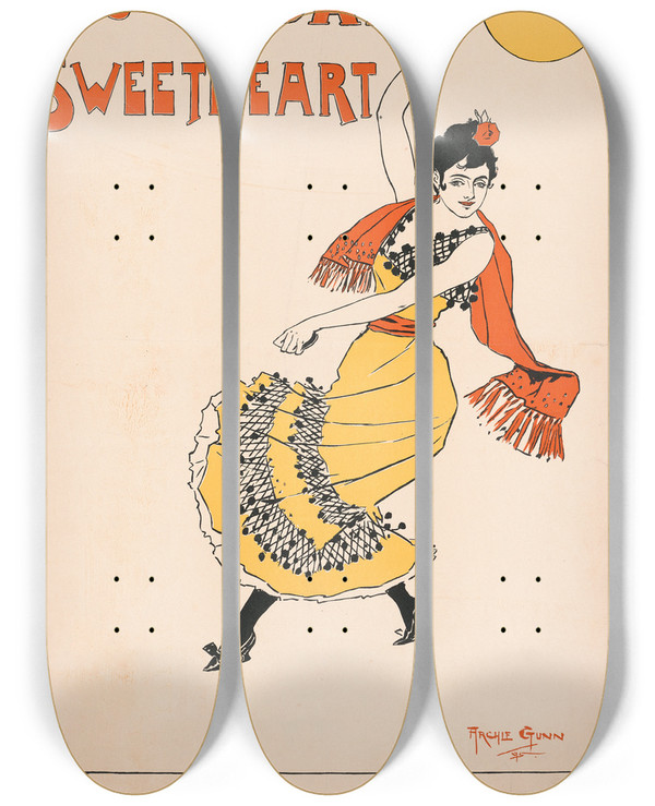 Triptych art skateboard deck of Archie Gunn His Cuban Sweetheart by Archie Gunn (1863-1930)