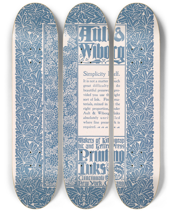 Triptych art skateboard deck of Will Bradley Ault And Wiborg Ad 125 by Will Bradley (1868-1962)