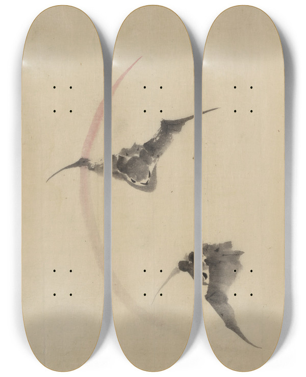 Triptych art skateboard deck of Katsushika Hokusai Two Bats Flying by Katsushika Hokusai (1760-1849)