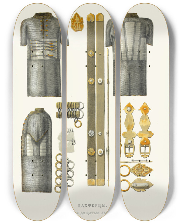 Triptych art skateboard deck of Fedor Grigoryevich Solntsev Bakhtertsy Ili Doshchatye Laty by Fedor Grigoryevich Solntsev (1801-1892)