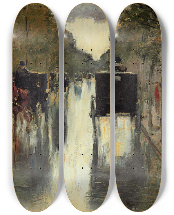 Triptych art skateboard deck of Lesser Ury Berlin Street Scene With Horsedrawn Cabs by Lesser Ury (1861-1931)