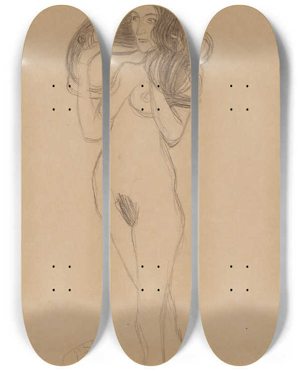 Triptych art skateboard deck of Gustav Klimt Stehender Mdchenakt Nach Links by Gustav Klimt (1862-1918)