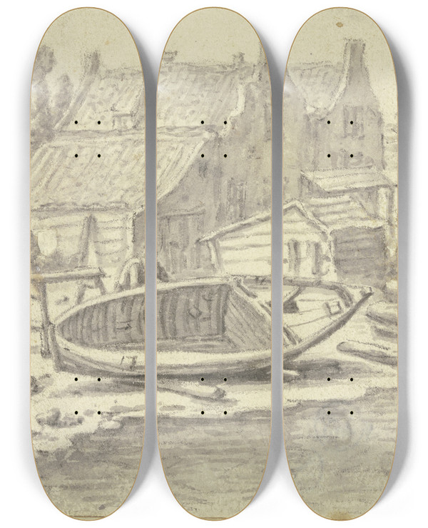 Triptych art skateboard deck of Herman Saftleven Iii Shipyard_1 by Herman Saftleven Iii (1609-1685)