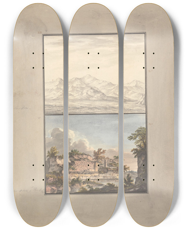 Triptych art skateboard deck of Giovanni Battista Borra View Of The Valley Of Sardis And View Of A Ruined Bridge by Giovanni Battista Borra (1713-1770)