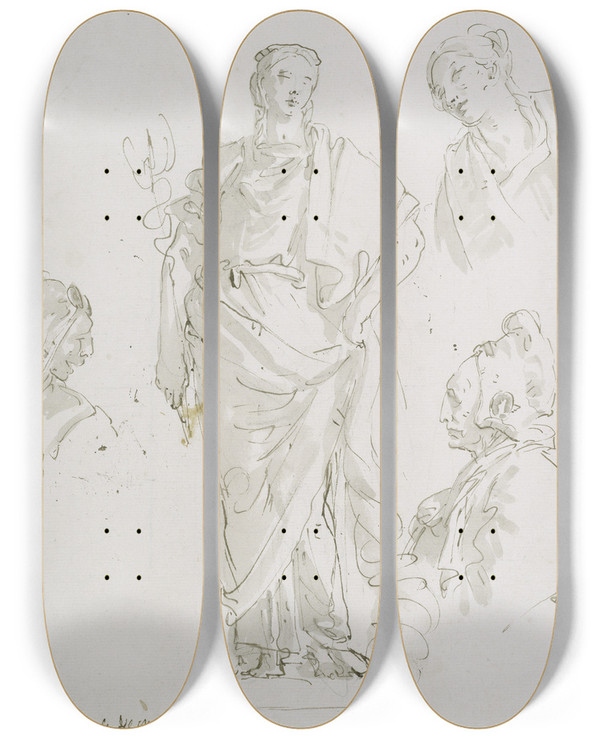 Triptych art skateboard deck of Giovanni Battista Tiepolo Standing Female Figure On A Pedestal And Three Studies Of Heads by Giovanni Battista Tiepolo (1696-1770)