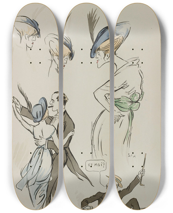 Triptych art skateboard deck of Georges Goursat Sem Fin Jacqueline Forzane Alexandre Duval by Georges Goursat (Sem) (1863-1934)