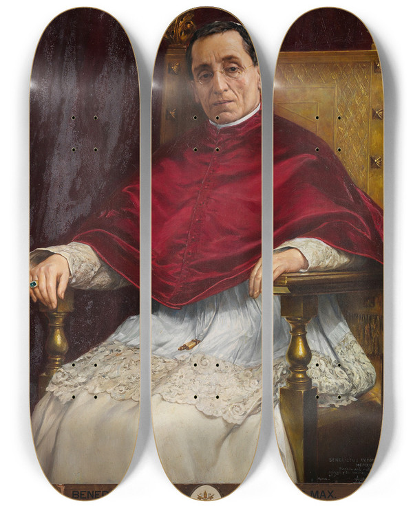 Triptych art skateboard deck of Antonio Fabrs Benedicto Xv by Antonio Fabres (1854-1938)