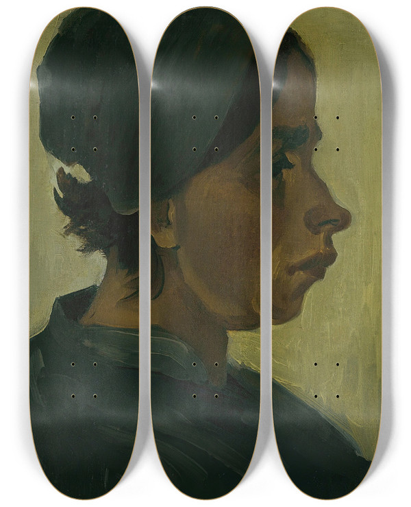 Triptych art skateboard deck of Vincent Van Gogh Peasant Woman Head by Vincent van Gogh (1853-1890)