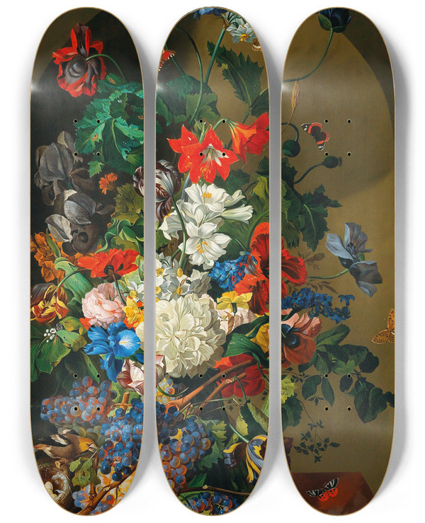 Triptych art skateboard deck of Leopold Zinngger A Large Bouquet Of Flowers With A Birds Nest Butterflies And Grapes by Leopold Zinnogger (1811-1872)