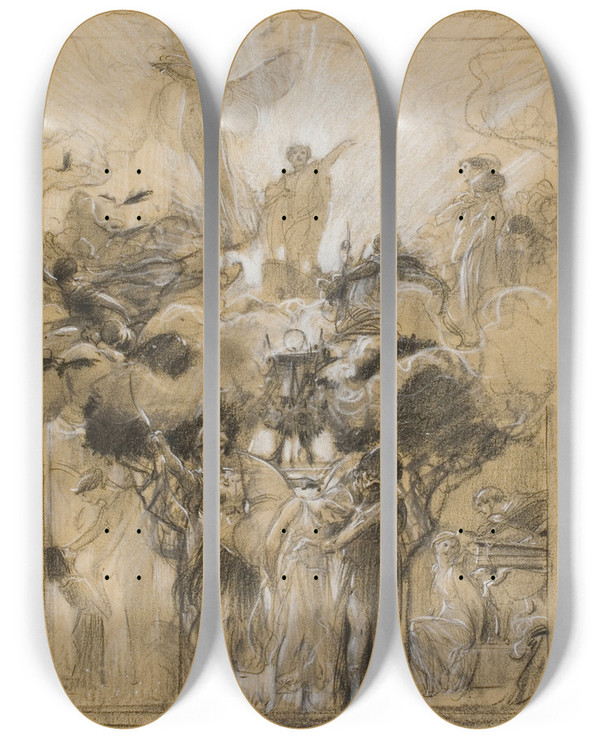 Triptych art skateboard deck of Adolf Hirmyhirschl Group Composition From Fantasia Enchained by Adolf Hiremy Hirschl (1860-1933)
