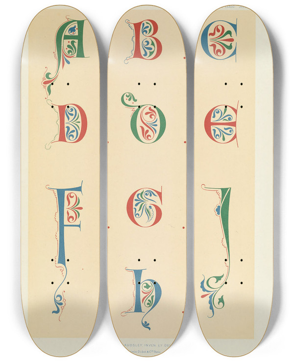 Triptych art skateboard deck of George Ashdown Audsley Polychromatic Decoration As Applied To Buildings In The Medival Styles Pl33 by George Ashdown Audsley (1838-1925)