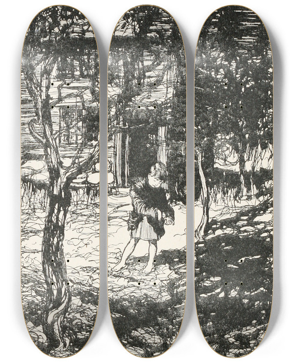 Triptych art skateboard deck of Arthur Rackham Hansel Picked Up The Glittering White Pebbles And Filled His Pockets With Them by Arthur Rackham (1867-1939)