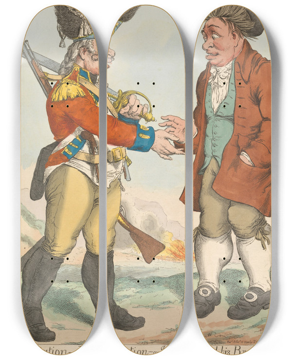 Triptych art skateboard deck of Charles Ansell Conciliation Reconciliation Or John Bull And His Brother Paddy by Charles Ansell