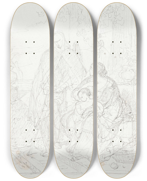 Triptych art skateboard deck of Nicaise De Keyser Torquato Tasso Dressed As A Sheperd Visits His Sister Cornelia In Sorrento_6 by Nicaise De Keyser (1813-1887)