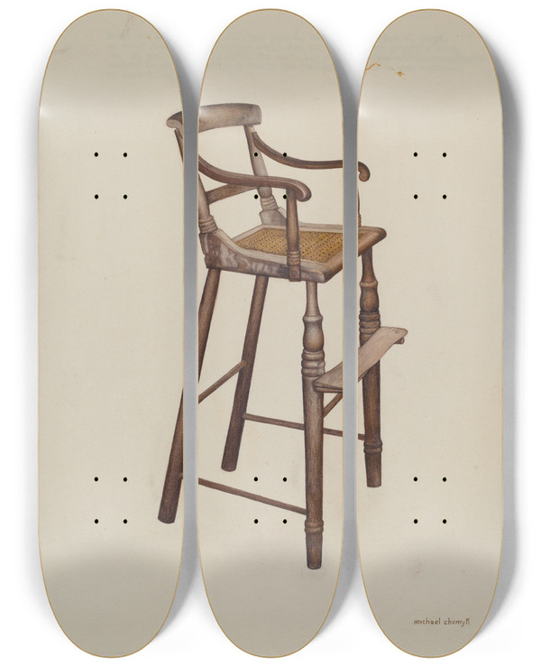 Triptych art skateboard deck of Michael Chomyk Childs High Chair by Michael Chomyk