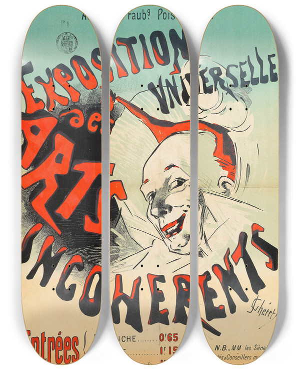 Triptych art skateboard deck of Jules Chret Exposition Universelle Des Arts Incoherents by Jules Cheret (1836-1932)