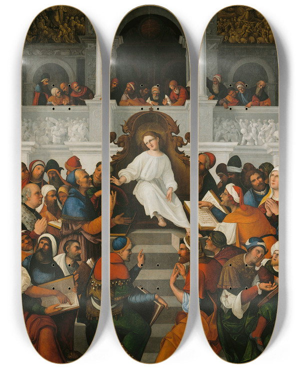 Triptych art skateboard deck of Ludovico Mazzolino The Twelveyearold Jesus Teaching In The Temple by Ludovico Mazzolino (1480-1528)