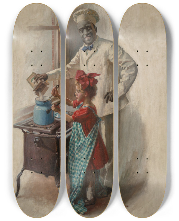 Triptych art skateboard deck of William Vincent Cahill The Cooking Lesson by William Vincent Cahill (1878-1924)