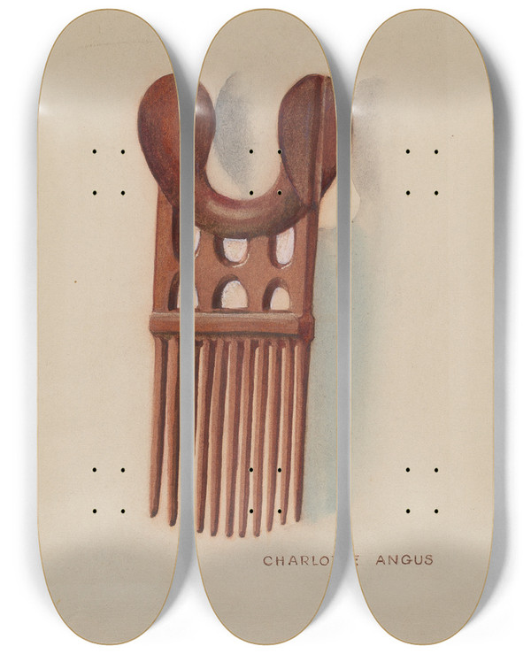 Triptych art skateboard deck of Charlotte Angus Wool Comb by Charlotte Angus (1911-1989)