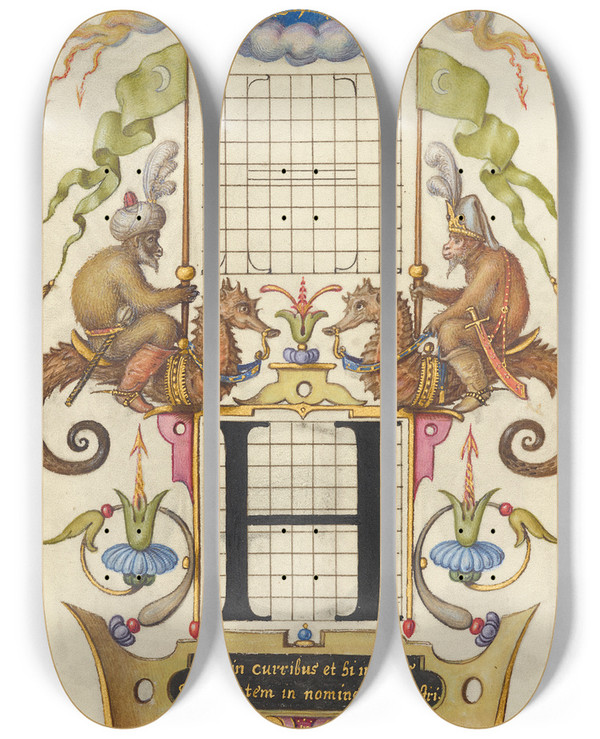 Triptych art skateboard deck of Joris Hoefnagel Guide For Constructing The Letter H by Joris Hoefnagel (1542-1600)