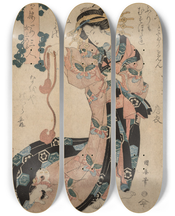 Triptych art skateboard deck of Utagawa Kuniyasu Courtesan by Utagawa Kuniyasu (1794-1834)