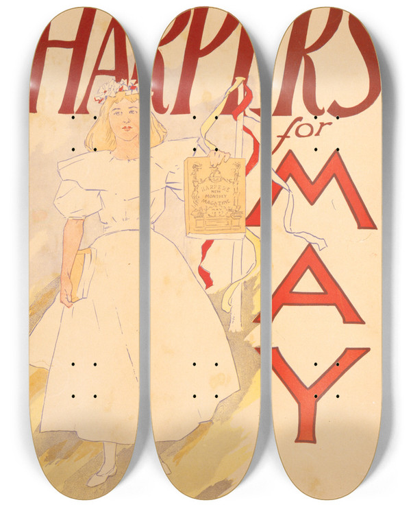 Triptych art skateboard deck of Edward Penfield Harpers For May by Edward Penfield (1866-1925)