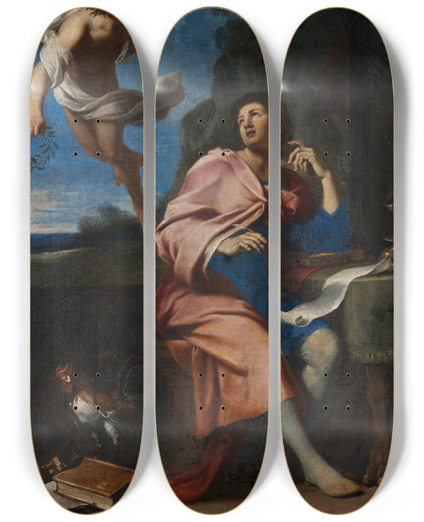 Triptych art skateboard deck of Giovanni Francesco Romanelli Allegory Over Poetry by Giovanni Francesco Romanelli (1610-1662)