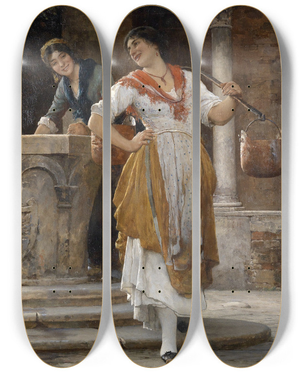 Triptych art skateboard deck of Eugen Von Blaas Die Wassertrgerin by Eugen Von Blaas (1843-1931)