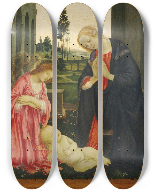 Triptych art skateboard deck of Filippino Lippi The Adoration Of The Child by Filippino Lippi (1457-1504)