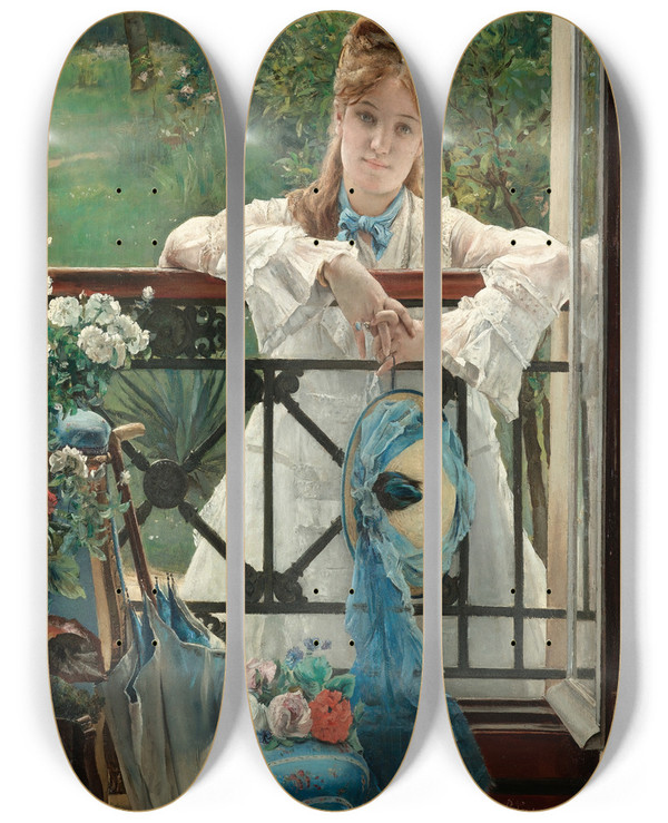 Triptych art skateboard deck of Alfred Stevens Un Bleuet The Blue Ribbon by Alfred Stevens (1817-1875)