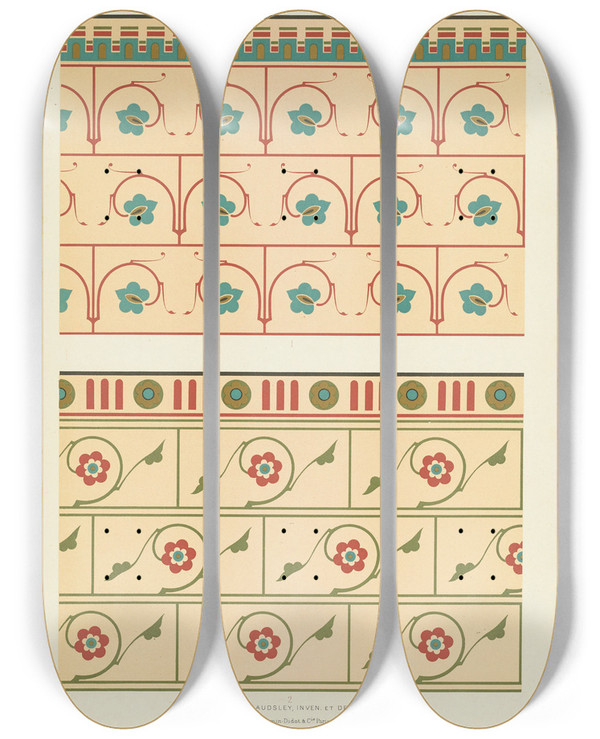 Triptych art skateboard deck of George Ashdown Audsley Polychromatic Decoration As Applied To Buildings In The Medival Styles Pl04 by George Ashdown Audsley (1838-1925)