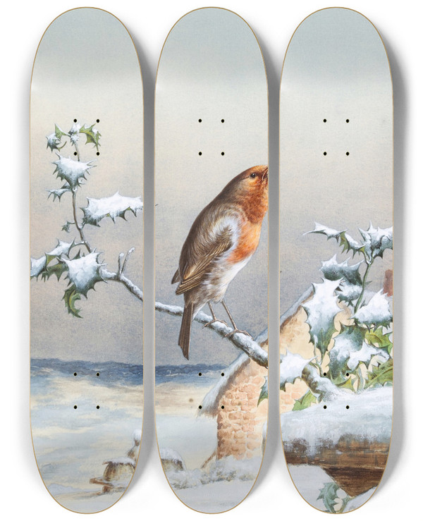 Triptych art skateboard deck of Harry Bright Winter A Cock Robin by Harry Bright (1846-1895)