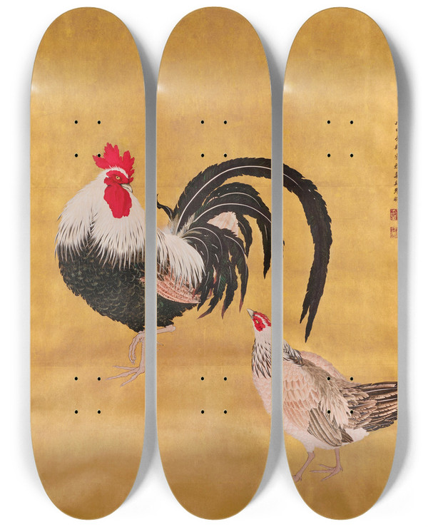 Triptych art skateboard deck of Kishi Ganku A Japanese Scroll Depicting A Cockerel And Hen by Kishi Ganku (1749-1839)