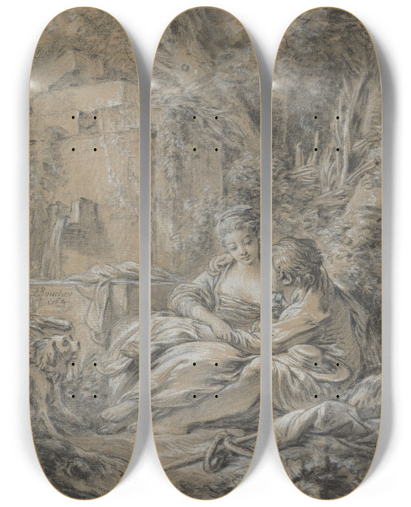Triptych art skateboard deck of Franois Boucher Ttette by Francois Boucher (1703-1770)