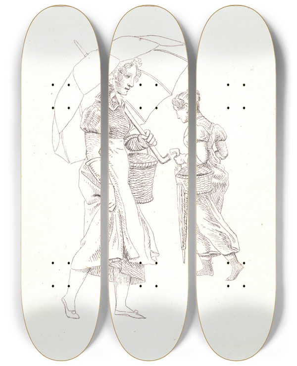 Triptych art skateboard deck of Christoffer Wilhelm Eckersberg To Tjenestepiger I Regnvejr by Christoffer Wilhelm Eckersberg (1783-1853)