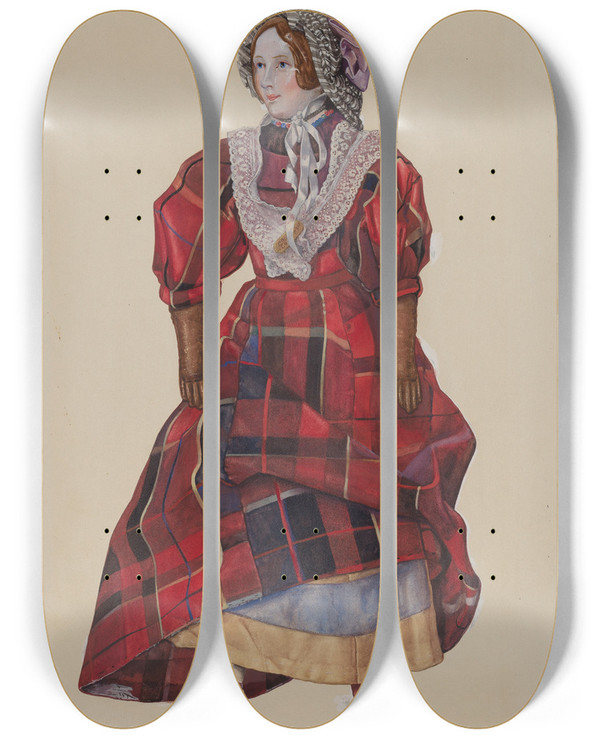 Triptych art skateboard deck of Beverly Chichester Doll In Plaid Dress by Beverly Chichester (20-)