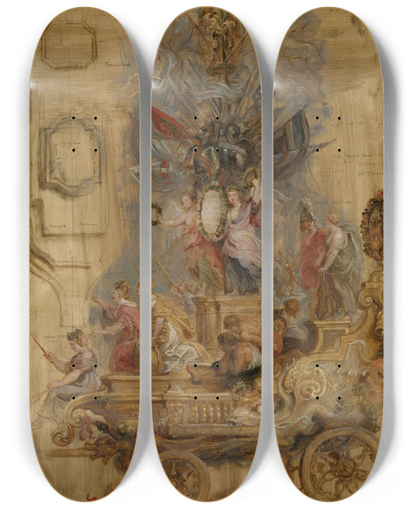 Triptych art skateboard deck of Peter Paul Rubens Triumphal Chariot Of Kallo by Peter Paul Rubens (1577-1640)