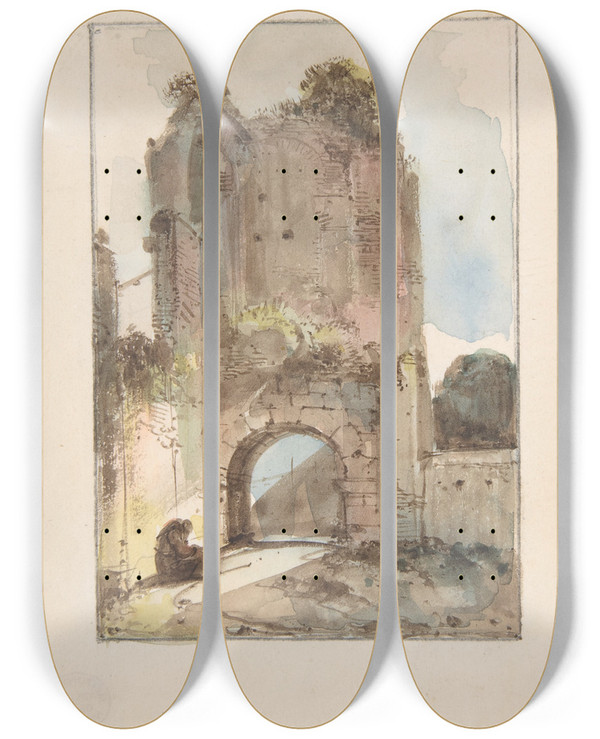 Triptych art skateboard deck of Franoismarius Granet Monk Seated Before A Ruined Gateway by Franois-Marius Granet (1775-1849)