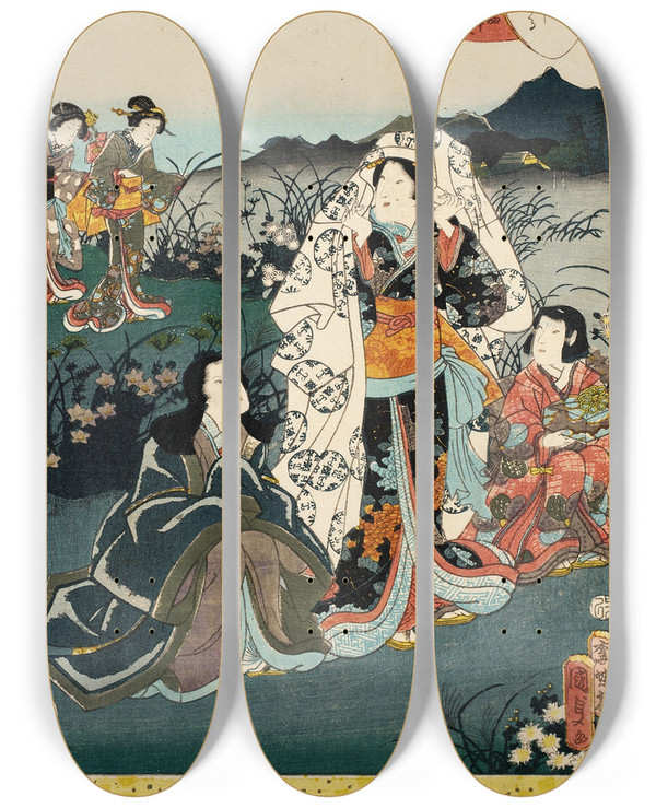 Triptych art skateboard deck of Utagawa Kunisada Toyokuni Iii Murasaki Shikibu In Hiding From The Tale Of Genji Chapter Night Plum by Utagawa Kunisada (Toyokuni III) (1786-1865)