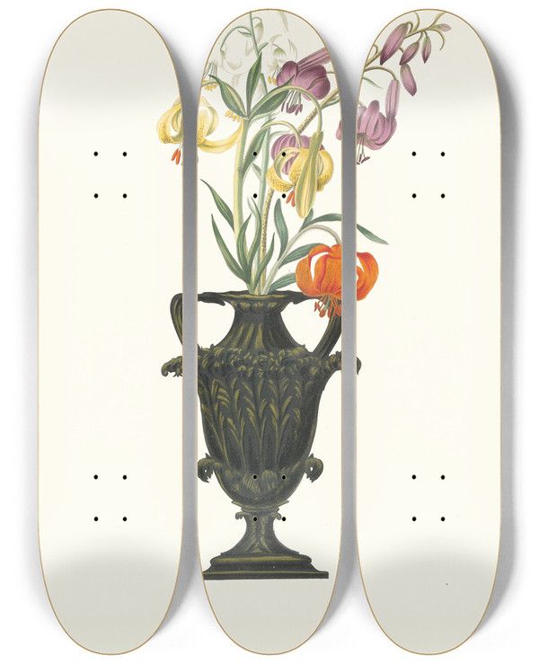 Triptych art skateboard deck of Priscilla Susan Bury Lilium Pomponium Lilium Chalcedonicum by Priscilla Susan Bury (1799-1872)