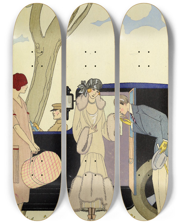 Triptych art skateboard deck of George Barbier Falbalas Et Fanfreluches Lensie by George Barbier (1882-1932)